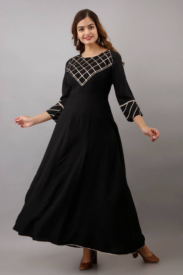 Stylish Rayon Black Gota Work 3/4 Sleeves Anarkali Kurta